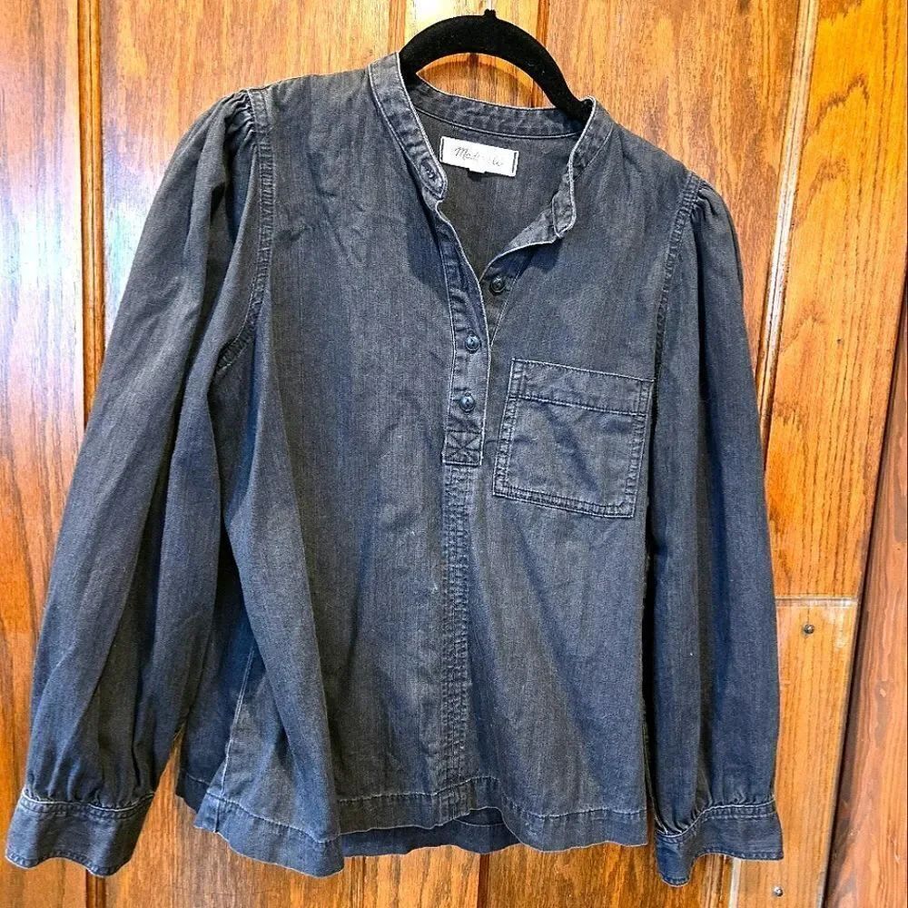 Madewell Denim Button-Up Black Distressed Collarless Shirt XSMALL